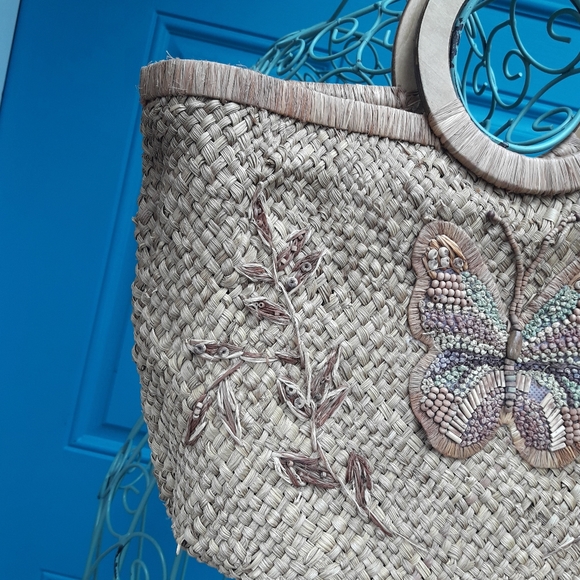 Wicker Bag Woven Purse Wooden Handles Beaded - Picture 4 of 10